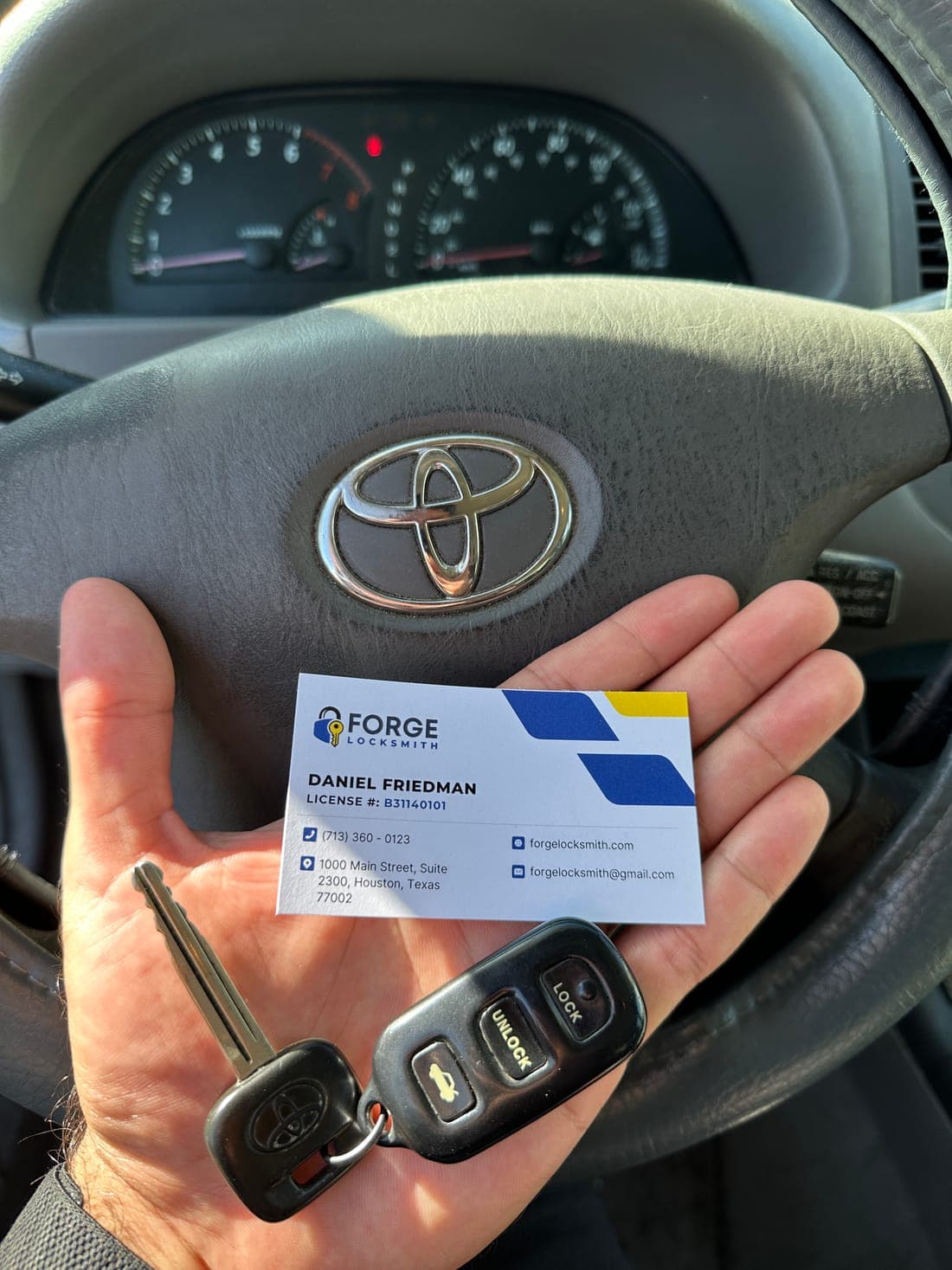 Toyota Camry key and remote cut and programmed on-site by Forge Locksmith in Houston