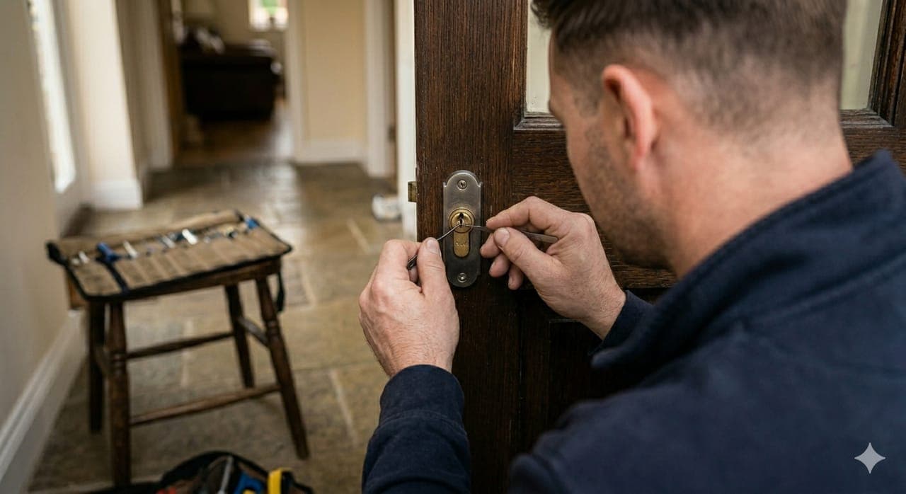 Locksmith picking a residential door lock open without damage