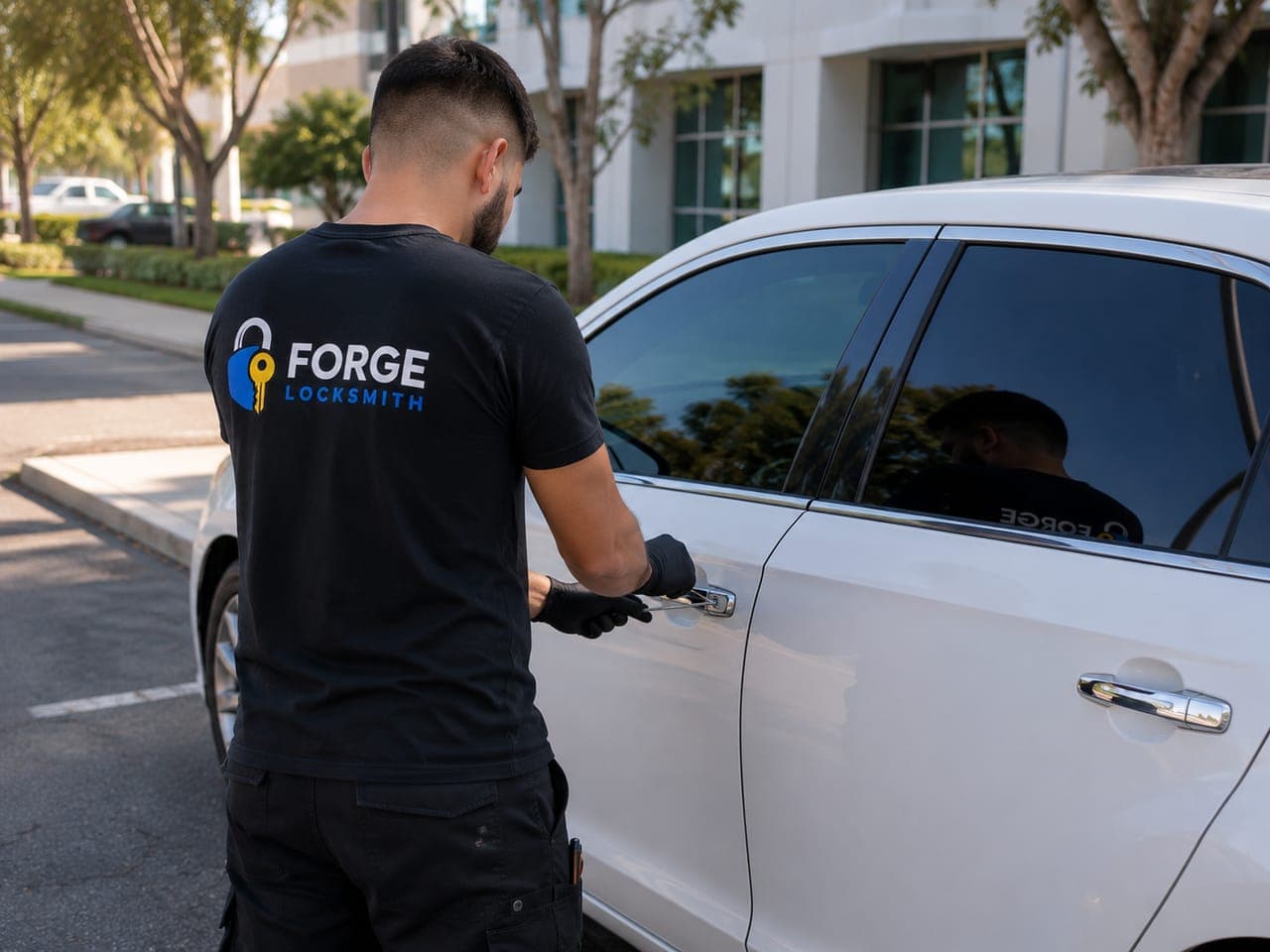 Forge Locksmith technician unlocking a car door without damage in Houston