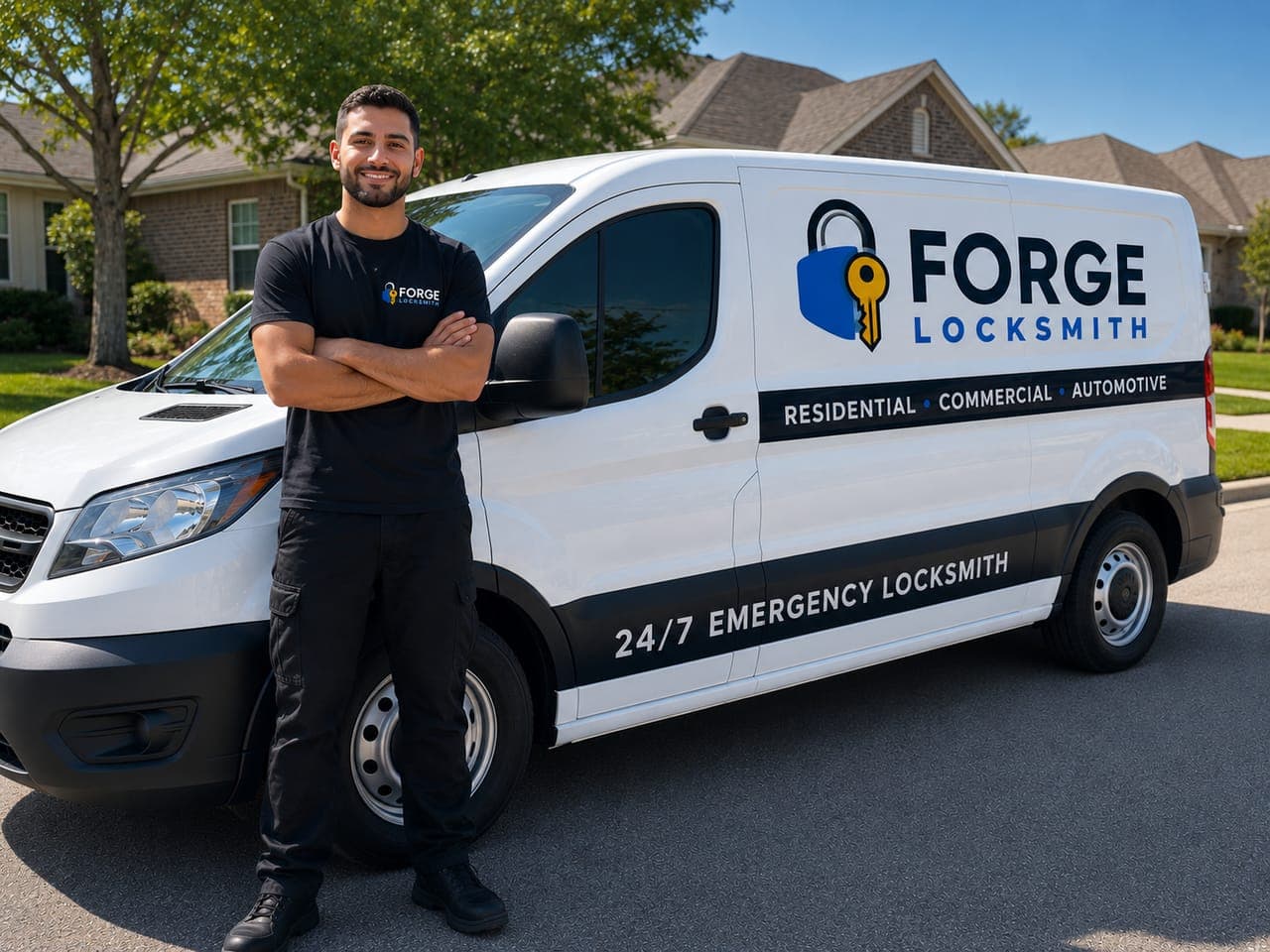 Forge Locksmith technician standing in front of the branded 24/7 emergency locksmith van